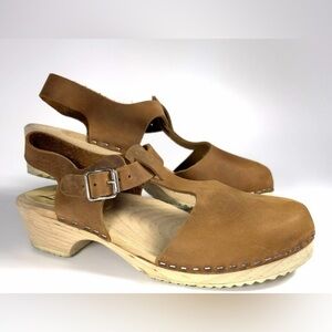 Lotta From Stockholm Wooden Clog Sandals Womens EU 40 Brown Leather Ankle Strap